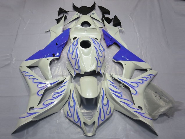 Blue Flame on White 2007-2008 Honda CBR600RR Motorcycle Fairing Blue Flame on White 2007-2008 Honda CBR600RR Motorcycle Fairing