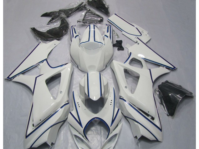 Gloss White Blue Pin Stripe 2007-2008 Suzuki GSXR 1000 Motorcycle Fairing Gloss White Blue Pin Stripe 2007-2008 Suzuki GSXR 1000 Motorcycle Fairing