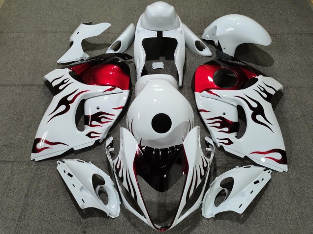 Gloss White & Red Flame 2008-2020 Suzuki GSXR 1300 Hayabusa Motorcycle Fairing Gloss White & Red Flame 2008-2020 Suzuki GSXR 1300 Hayabusa Motorcycle Fairing