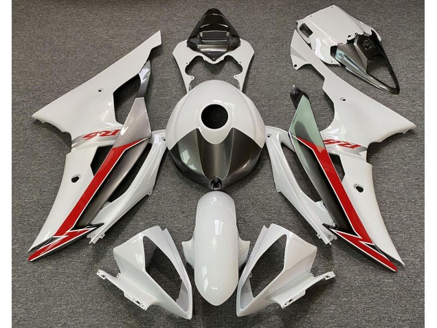 Gloss White Silver and Red 2008-2016 Yamaha R6 Motorcycle Fairing Gloss White Silver and Red 2008-2016 Yamaha R6 Motorcycle Fairing