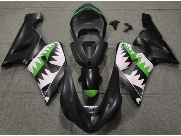 Matte Black and Green Shark 2005-2006 Kawasaki ZX6R Motorcycle Fairing Matte Black and Green Shark 2005-2006 Kawasaki ZX6R Motorcycle Fairing