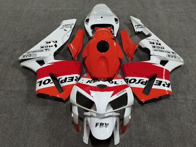 White Red and Orange Repsol 2005-2006 Honda CBR600RR Motorcycle Fairing White Red and Orange Repsol 2005-2006 Honda CBR600RR Motorcycle Fairing